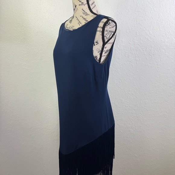 Trina Turk Alana navy‎ swing size 6 mock pleat Elegant Navy Fringe Dress nwt - Picture 10 of 14